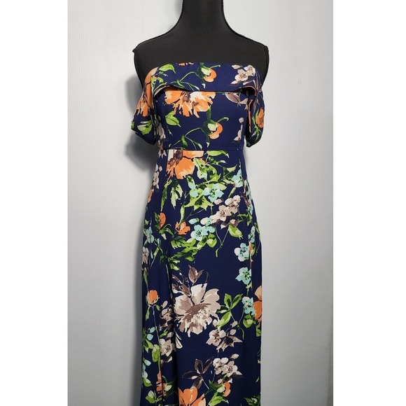 Chocolate Floral Maxi Dress  Blue Orange Flowers Ruffle Neckline Party Size S - Picture 5 of 9